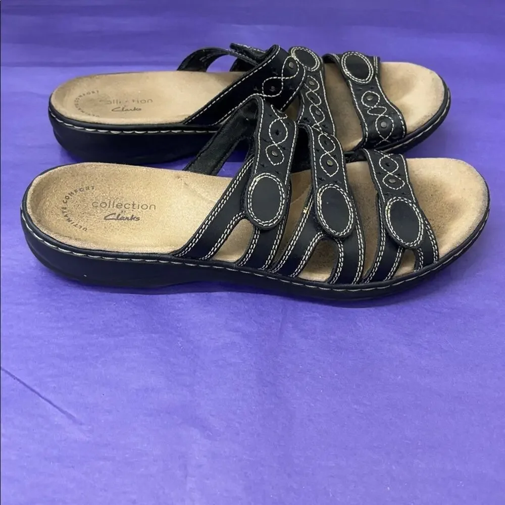 Clarks Black Leisa Cacti Strappy Sandals Stitch Detail Comfort Cushioned Boho 8M